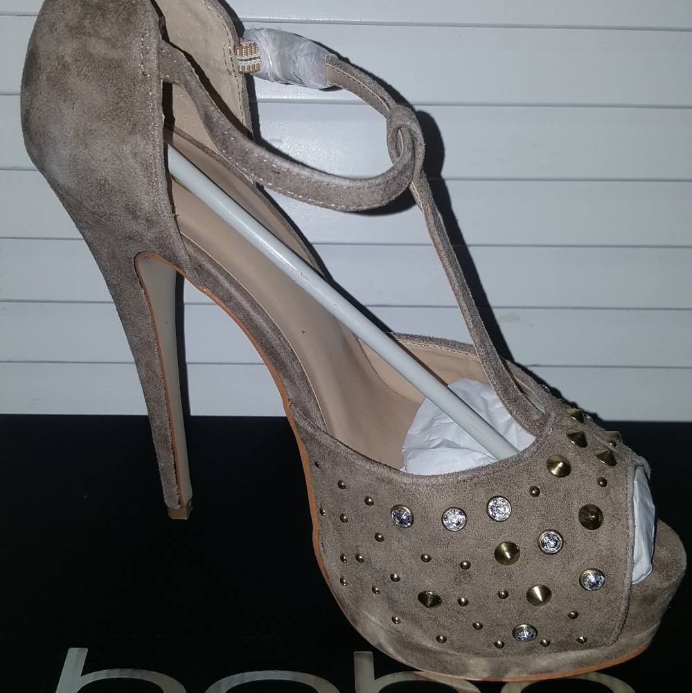 Tan Suede Bebe Embellished heels